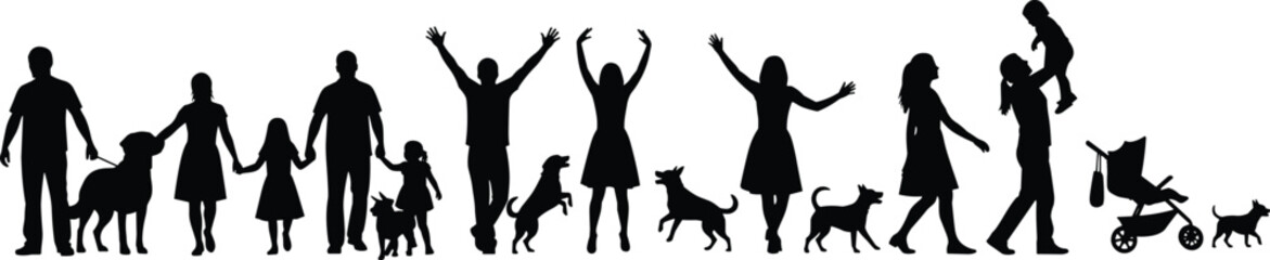 Happy diverse family silhouettes black and white set representing different relationships generations life stages parents children babies pets dogs cats for lifestyle and abstract concepts.