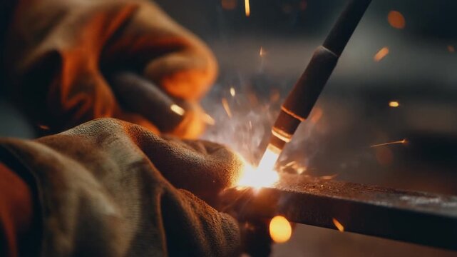 Arc welding sparks flying powerfully in close up creating intense industrial energy with bold glowing textures