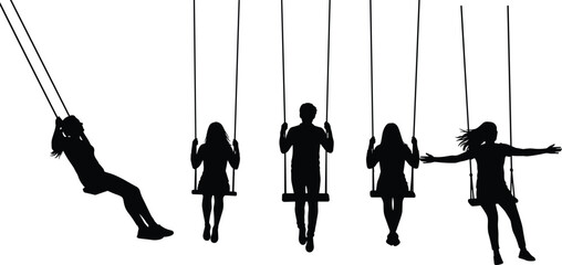 Happy people silhouettes enjoying the swing set vector collection representing childhood fun freedom playtime and relaxing park leisure outdoor activities and abstract concepts. © MdJoshel