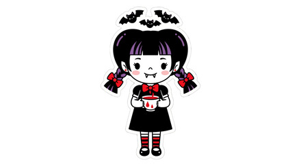 Charming Vampire Girl with Bats and a Cup of Blood a Whimsical Halloween Character Illustration