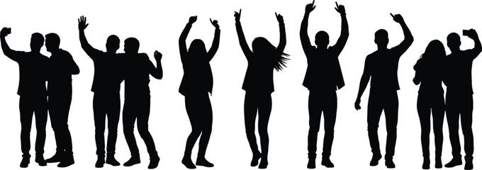 Happy young friends celebrating cheering taking selfies and having fun at a party or event, black and white silhouette vector set for lifestyle and youth concepts.