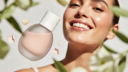 Radiant Glow A Woman's Face with a Floating Bottle of Skincare Product Amongst Delicate Flowers