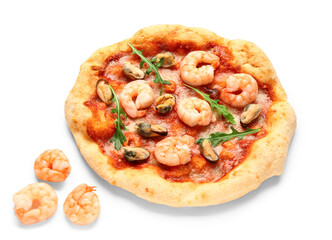 Tasty seafood pizza and shrimps isolated on white background