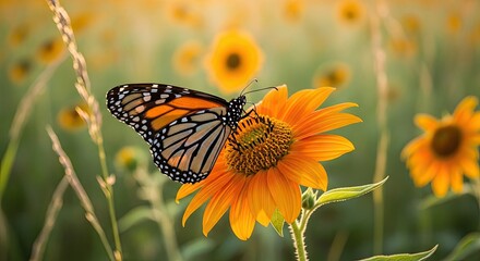 Obraz premium Close-up of a Monarch Butterfly Pollinating a Vibrant Sunflower in a Sunlit Field