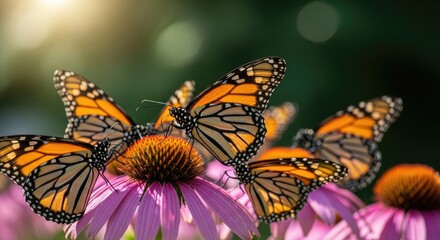 Obraz premium Vibrant Monarch Butterflies Nectaring on Purple Coneflowers in Golden Sunlight