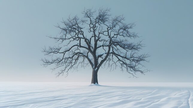 majestic tree with intricate leafless branches stands on white snow - Powered by Adobe