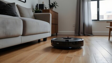 A smart vacuum robot cleaning a minimalist apartment
