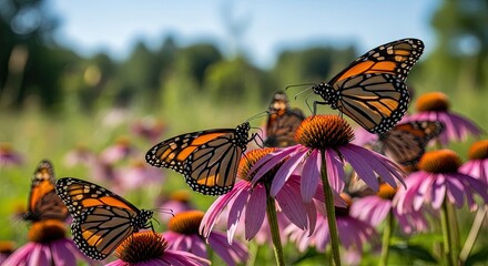 Monarch Butterflies on Vibrant Purple Coneflowers in a Sunny Field
