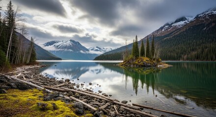 Serene Mountain Lake Landscape with Snow-Capped Peaks, Dense Evergreen Forests, a Mossy Island, and Driftwood-Lined Shores Reflected in Calm, Clear Waters Under a Dramatic Cloudy Sky