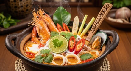 Authentic Tom Yum Goong Seafood Soup with Prawns, Squid, and Mussels, Steaming Hot in a Rustic Pot with Fresh Thai Herbs and Spices