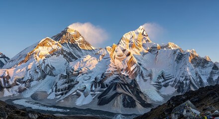 Majestic Himalayan Panorama: Golden Sunrise on Everest, Lhotse, and Nuptse Peaks, with Glaciers and Prayer Flags in the Khumbu Region of Nepal.