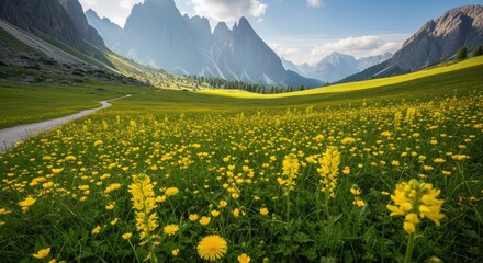 Panoramic view of a vibrant alpine meadow filled with yellow wildflowers and a winding path leading towards majestic Dolomite mountains under a bright sky