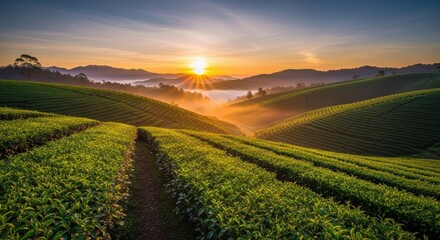 Breathtaking Sunrise over Lush Green Terraced Tea Plantations and Misty Mountains