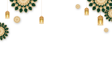 Islamic top and bottom border design with glowing lanterns and golden floral patterns