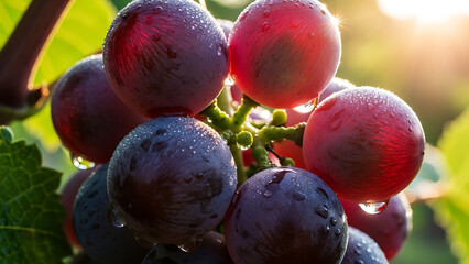 Close-up of ripe red grapes on the vine, glistening with morning dew