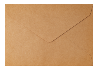 A simple brown craft paper envelope with a classic triangular flap on a transparent background