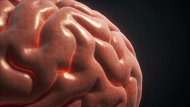 Close-up 3D rendering of the human brain, highlighting its intricate convolutions and neural network structure