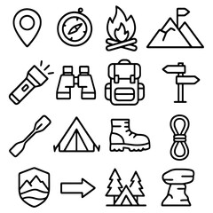 Fototapeta premium Adventure Icons Set: A collection of meticulously crafted, minimalistic icons, each one representing a core element of exploration and the great outdoors.