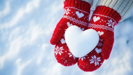 Hands in red mittens holding a snow heart on a snowy winter day