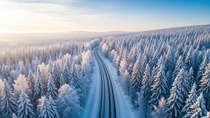 Naklejka premium Aerial view of a snowy forest with a winding road during winter