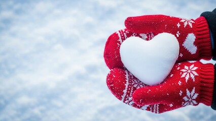 Hands in red mittens holding a heart-shaped snowball in winter