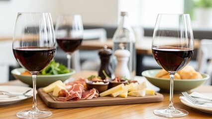 Red wine glasses with charcuterie board on a wooden table in a restaurant