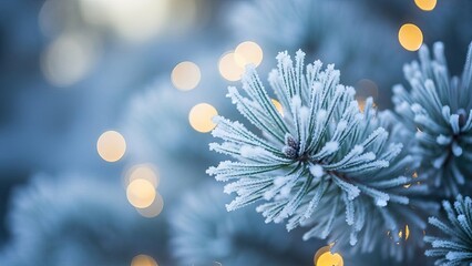 frosted pine needles with bokeh lights in a winter wonderland scene