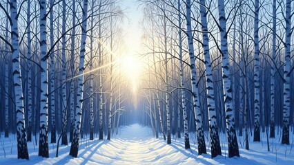 Winter forest scene with snow-covered path and sun shining through trees