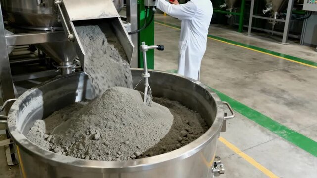 Medium shot of a technician mixing sustainable cement with fly ash showcasing ecofriendly construction materials in a modern industrial setting