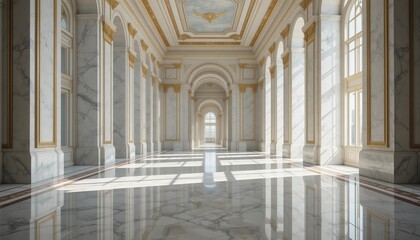 Fototapeta premium Grand marble palace hall with golden ornaments and sunlight reflection