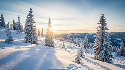 Winter wonderland scene with snow-covered trees and a bright sun