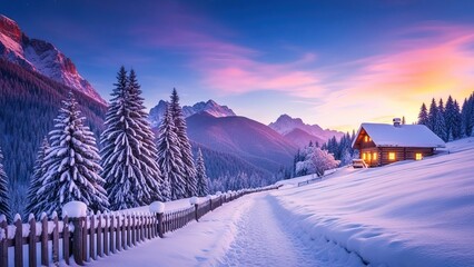 Winter wonderland scene with snow-covered cabin and mountain landscape at sunset