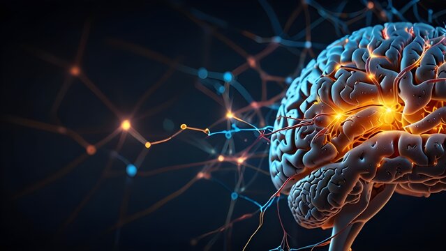 A detailed illustration of the human brain with glowing neural connections - Powered by Adobe