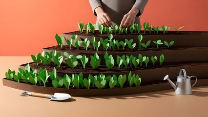 Paper Cutout Terraced Gardening Scene with Sprouts and Miniature Tools