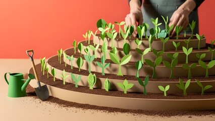 Abstract Paper Cutout Gardening Scene with Terraced Sprouts and Tools