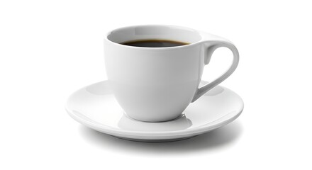 Elegant white cup of coffee on a matching saucer.