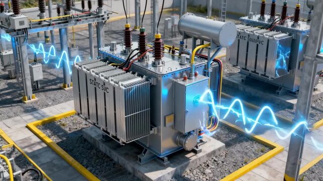 Medium shot of a Static VAR Compensator system integrated into a substation improving voltage stability and minimizing power fluctuations.