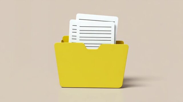 3D Yellow Folder with Stacked Paper Documents and Text Lines