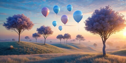 Pastel balloons float gently above a serene landscape of rolling hills and blossoming trees at sunrise