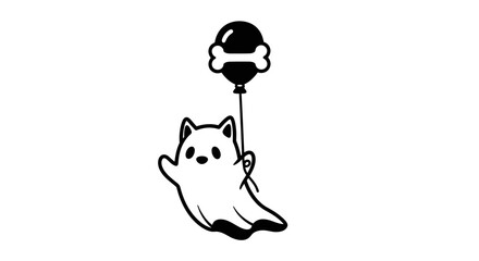 Whimsical Halloween Illustration of a Cute Ghost Cat Holding a Bone Balloon isolated