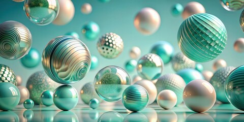 Abstract Teal and Metallic Spheres Floating in a Serene Atmosphere, Creating a Visually Appealing and Elegant Composition for Decorative or Design Purposes