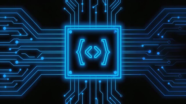 Glowing Blue Circuit Board Design with Coding Brackets Symbol for Software Development