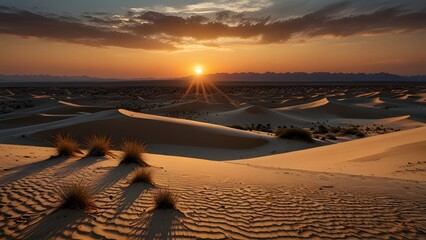 Sunset over a vast desert with sand dunes