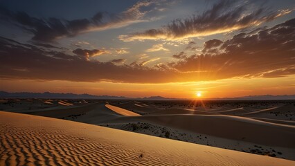 Sunset over a vast desert with sand dunes