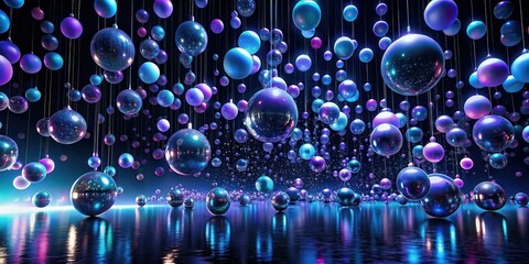 A mesmerizing display of iridescent spheres suspended from above, reflecting a vibrant, ethereal glow onto a polished surface below.