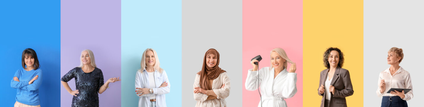 Group of beautiful mature women on color background