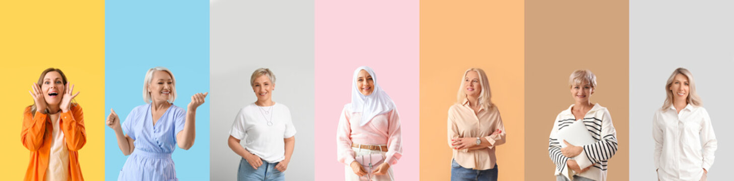 Set of beautiful mature women on color background