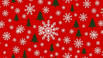 Festive christmas pattern with snowflakes and evergreen trees on red background