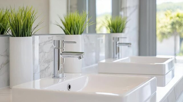 Modern bathroom sink chrome faucet potted plant marble backsplash white countertop rectangular