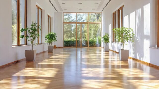 Sunlit empty hall wooden floor potted plant large window sunlit hardwood hallway with potted plants
